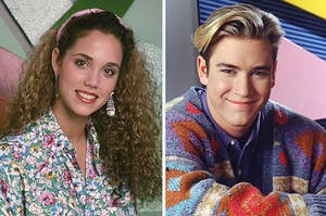Jessie Spano on the left and Zack Morris on the right