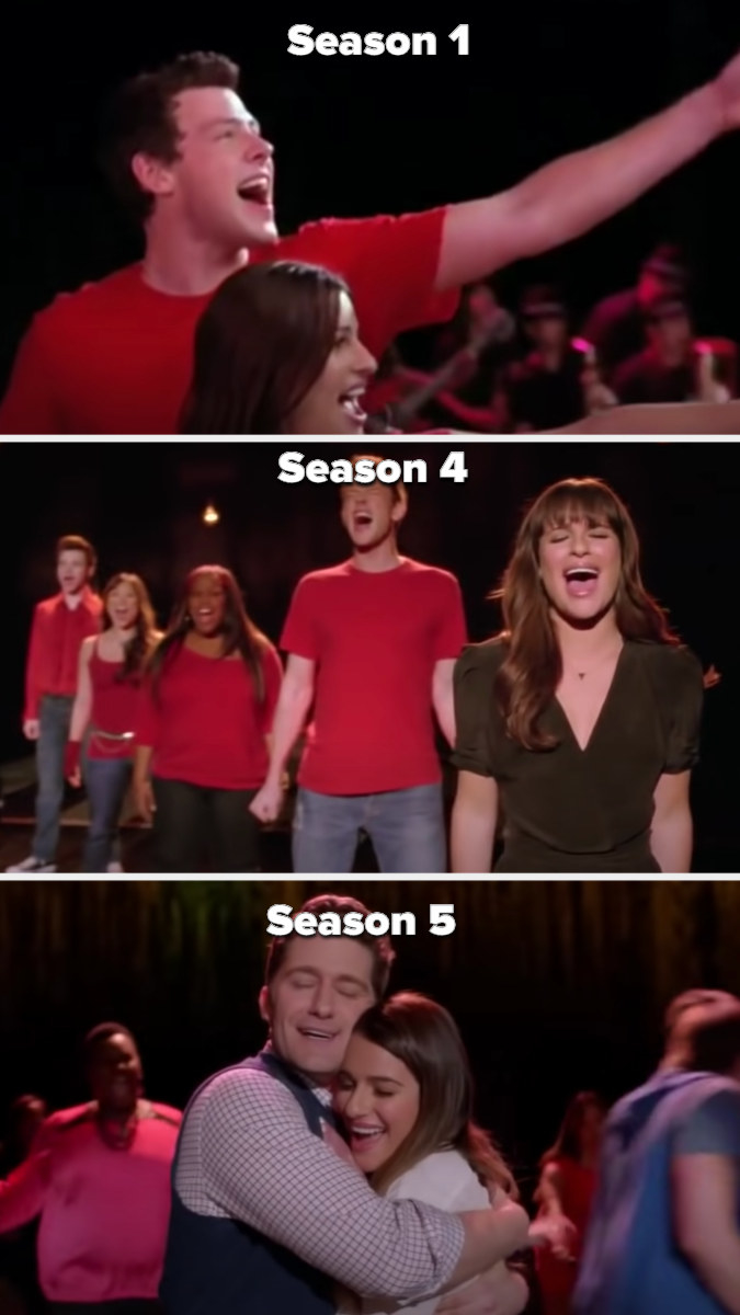 New Directions singing "Don't Stop Believing" in the pilot then Rachel imagining they're all with her in Season 4, then Rachel hugging Mr. Shue as the new and old Glee club sing the song in Season 5
