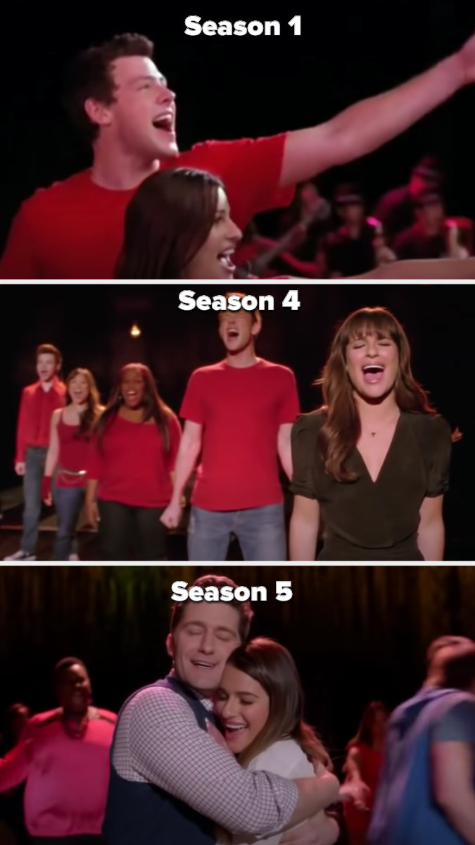 New Directions singing &quot;Don&#x27;t Stop Believing&quot; in the pilot then Rachel imagining they&#x27;re all with her in Season 4, then Rachel hugging Mr. Shue as the new and old Glee club sing the song in Season 5