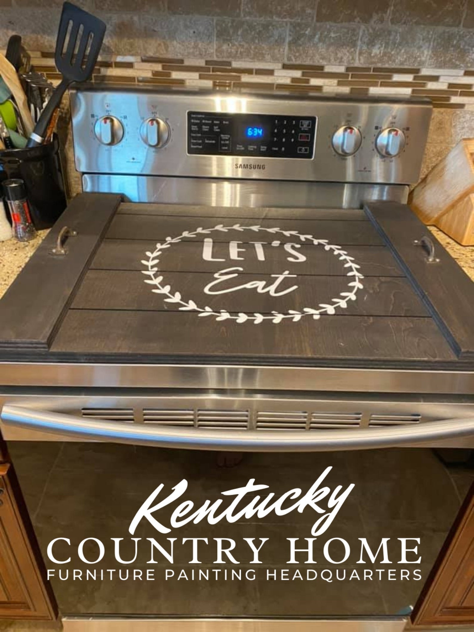 Personalized wood stove cover placed over stove top