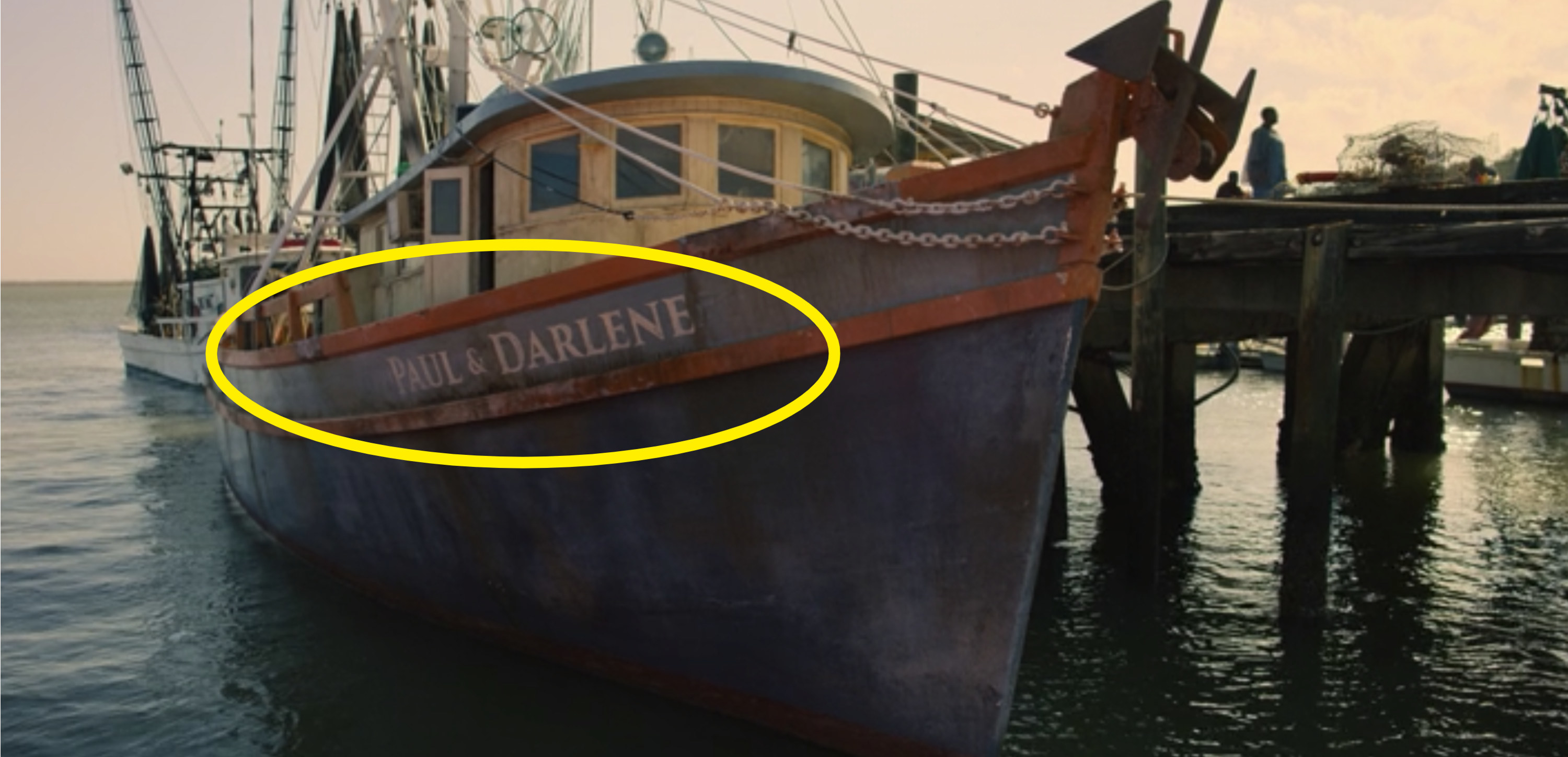 A yellow circle around &quot;Paul &amp;amp; Darlene&quot; on the side of a boat