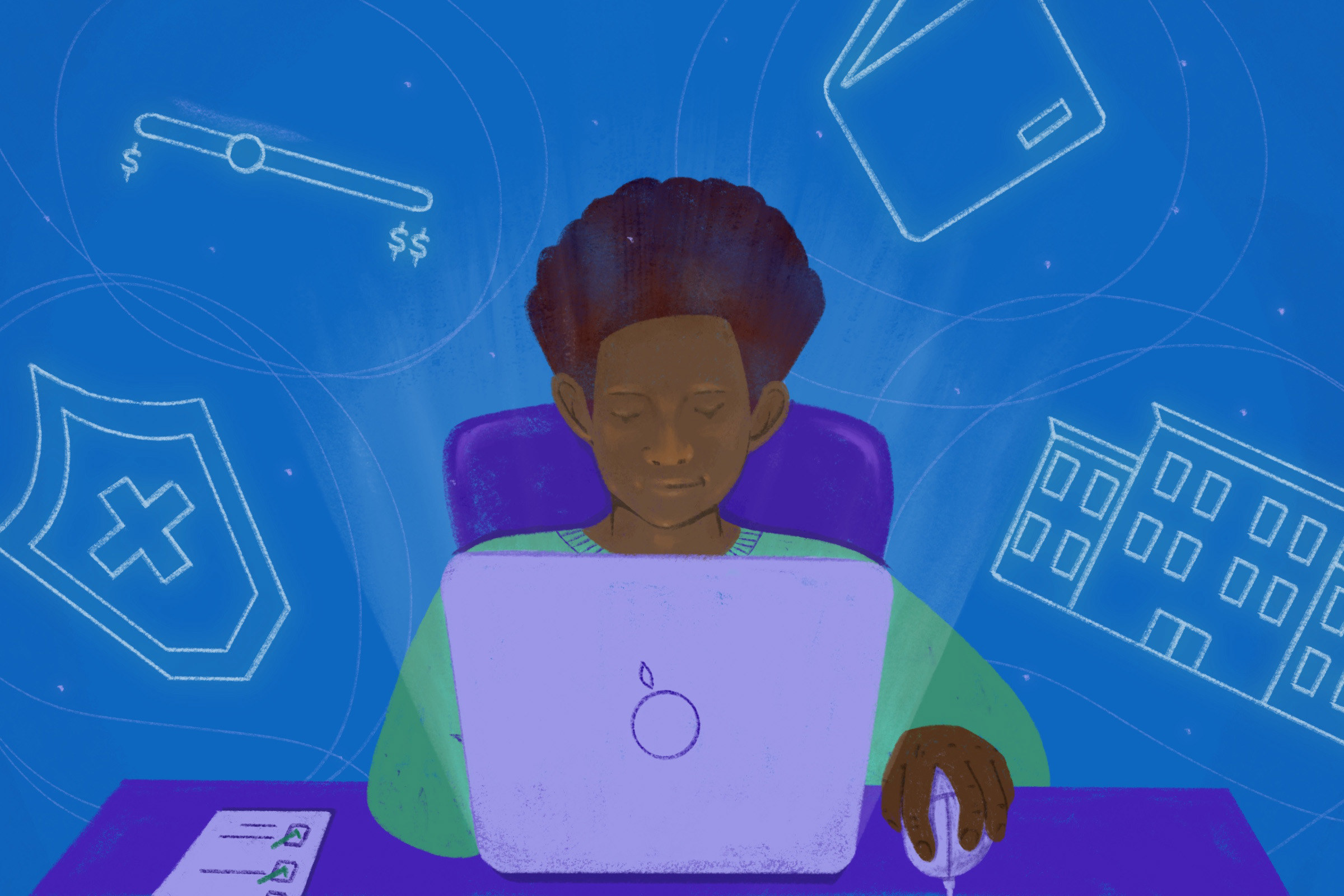 An illustration depicting a young man sitting at a laptop, browsing his options for free and paid therapy