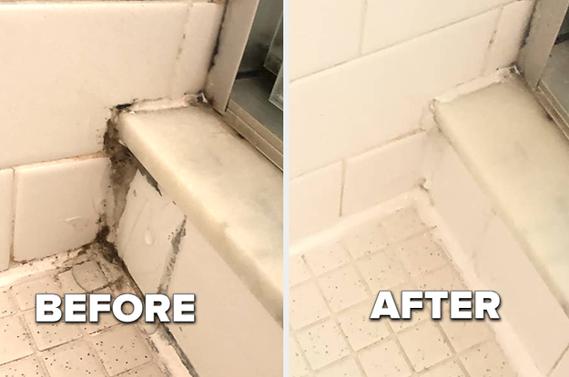 before, a moldy shower corner, after, the same corner with no mold in sight