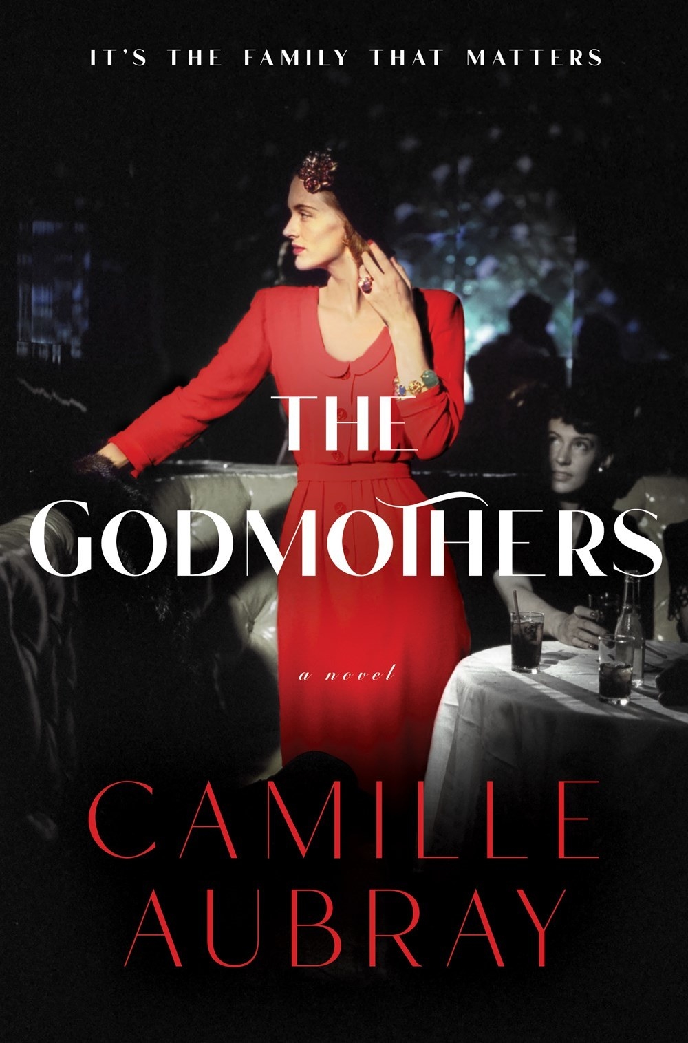 book cover with woman wearing a red skirt set in a restaurant