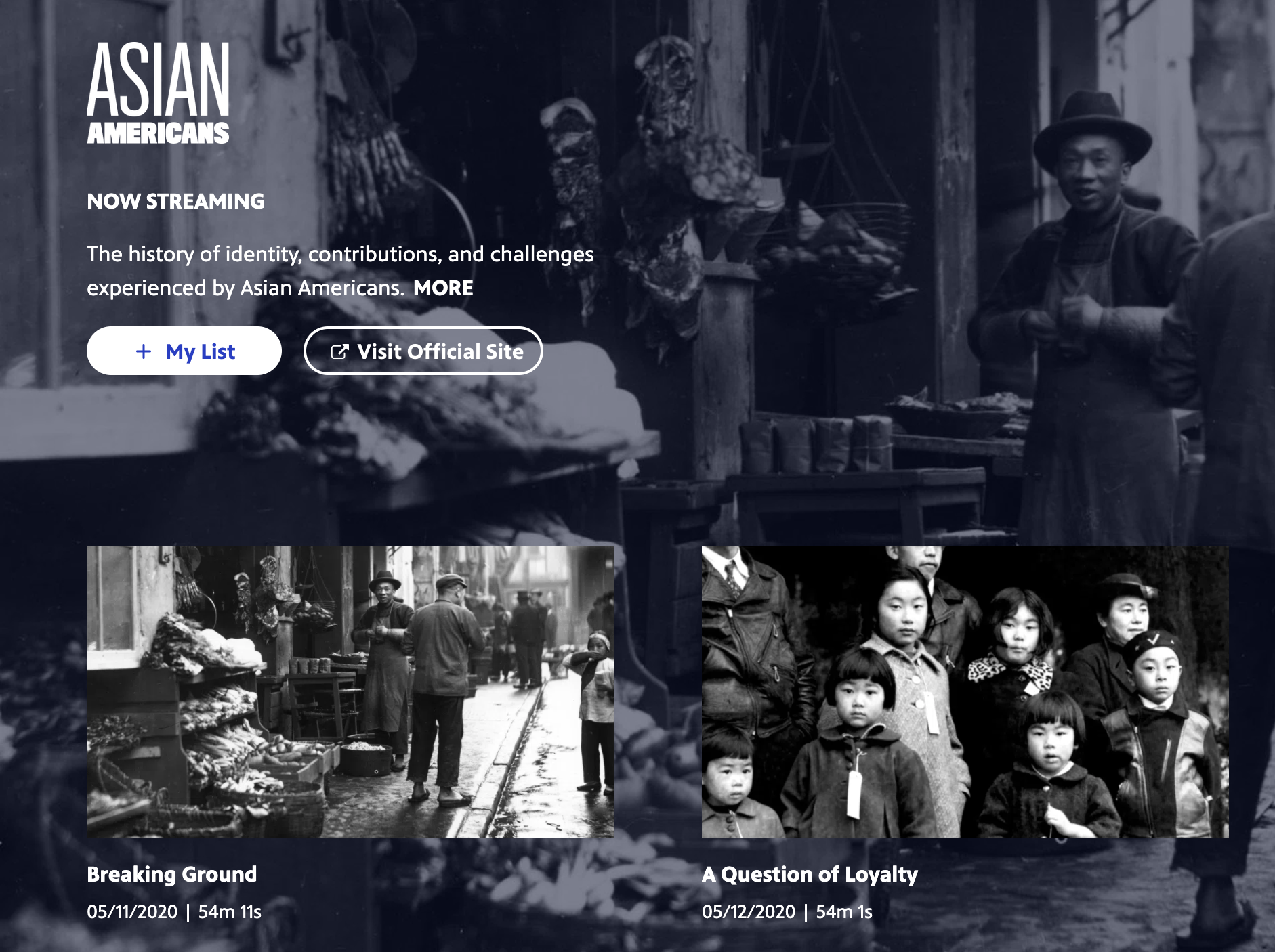 A screenshot of the series page for &quot;Asian Americans&quot; on PBS