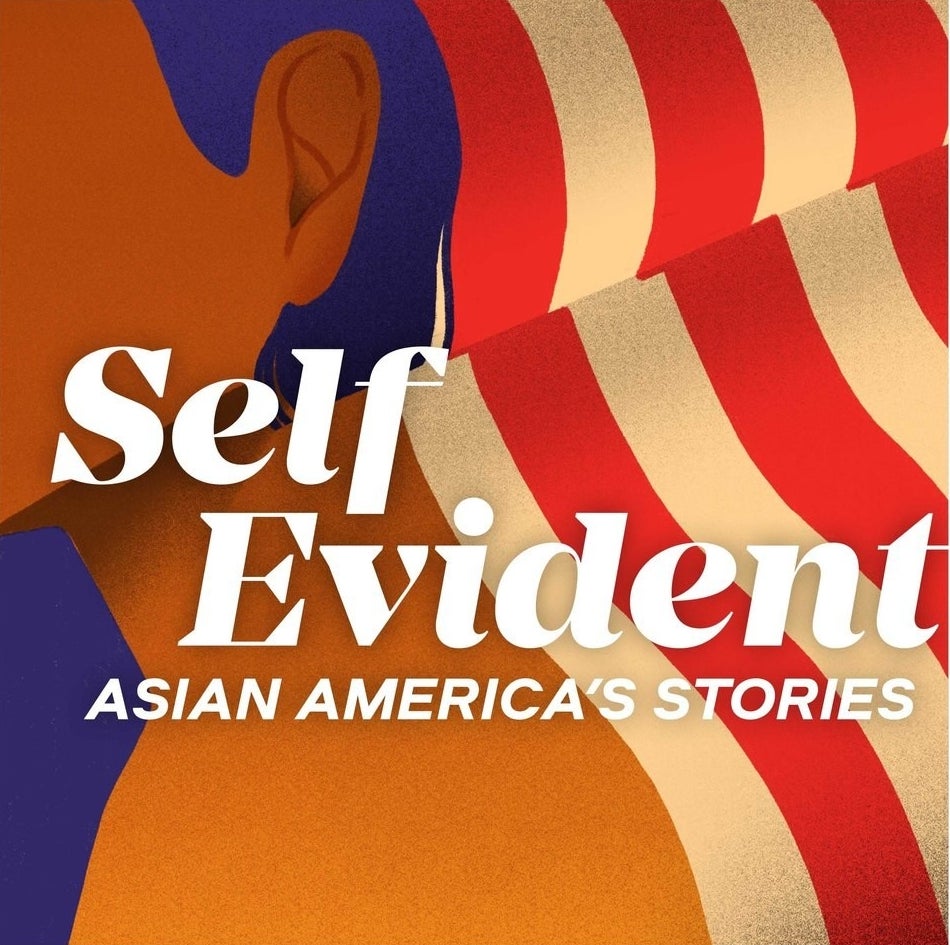 The podcast art for the Self Evident: Asian American Stories podcast showing the side profile of a person with brown skin against an American flag