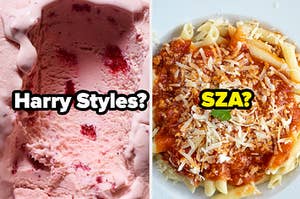 Strawberry ice cream and pasta with tomato sauce and cheese
