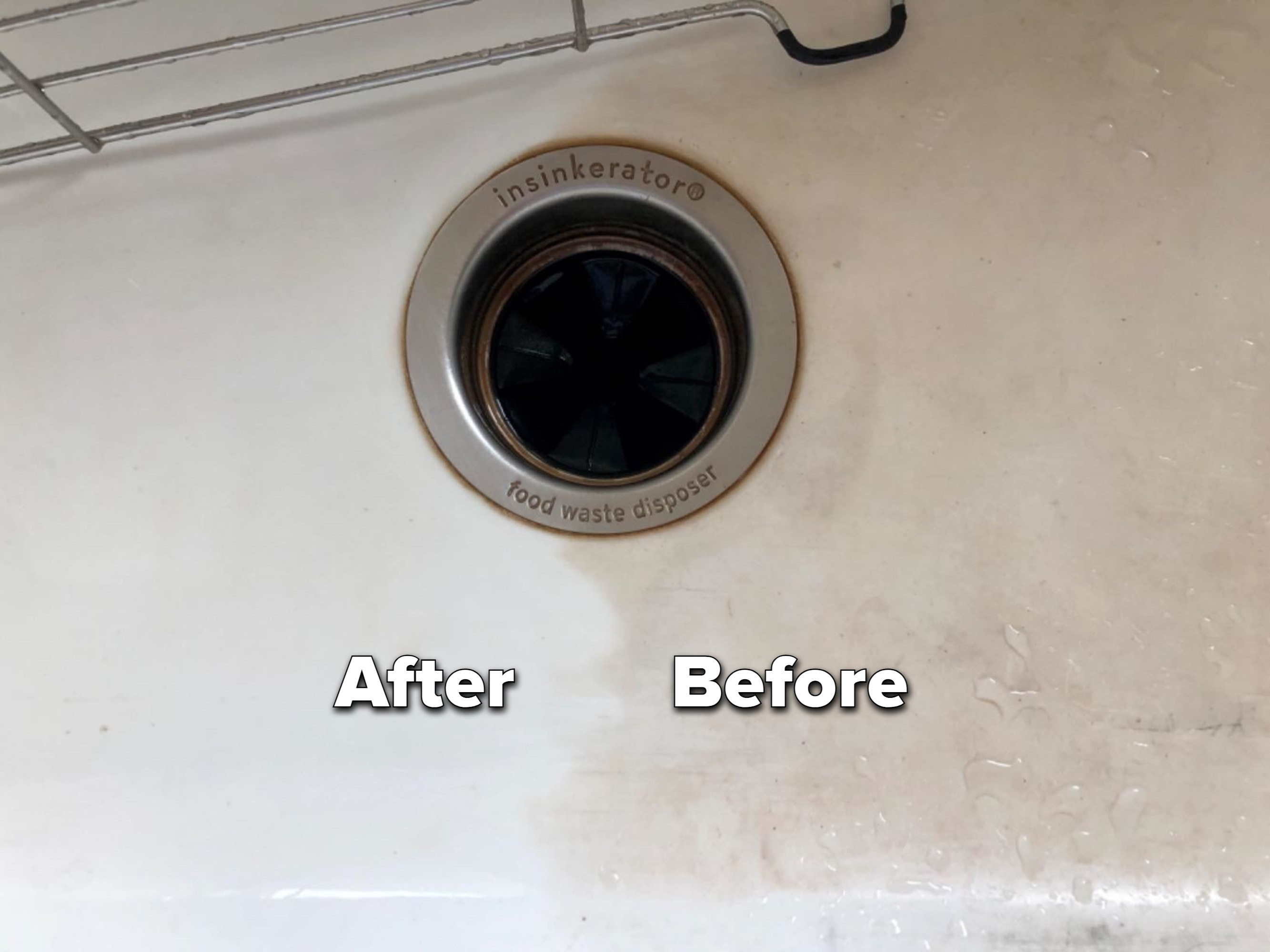 A sink, which has been cleaned and whitened with the sheets on one side, and is still dirty on the other