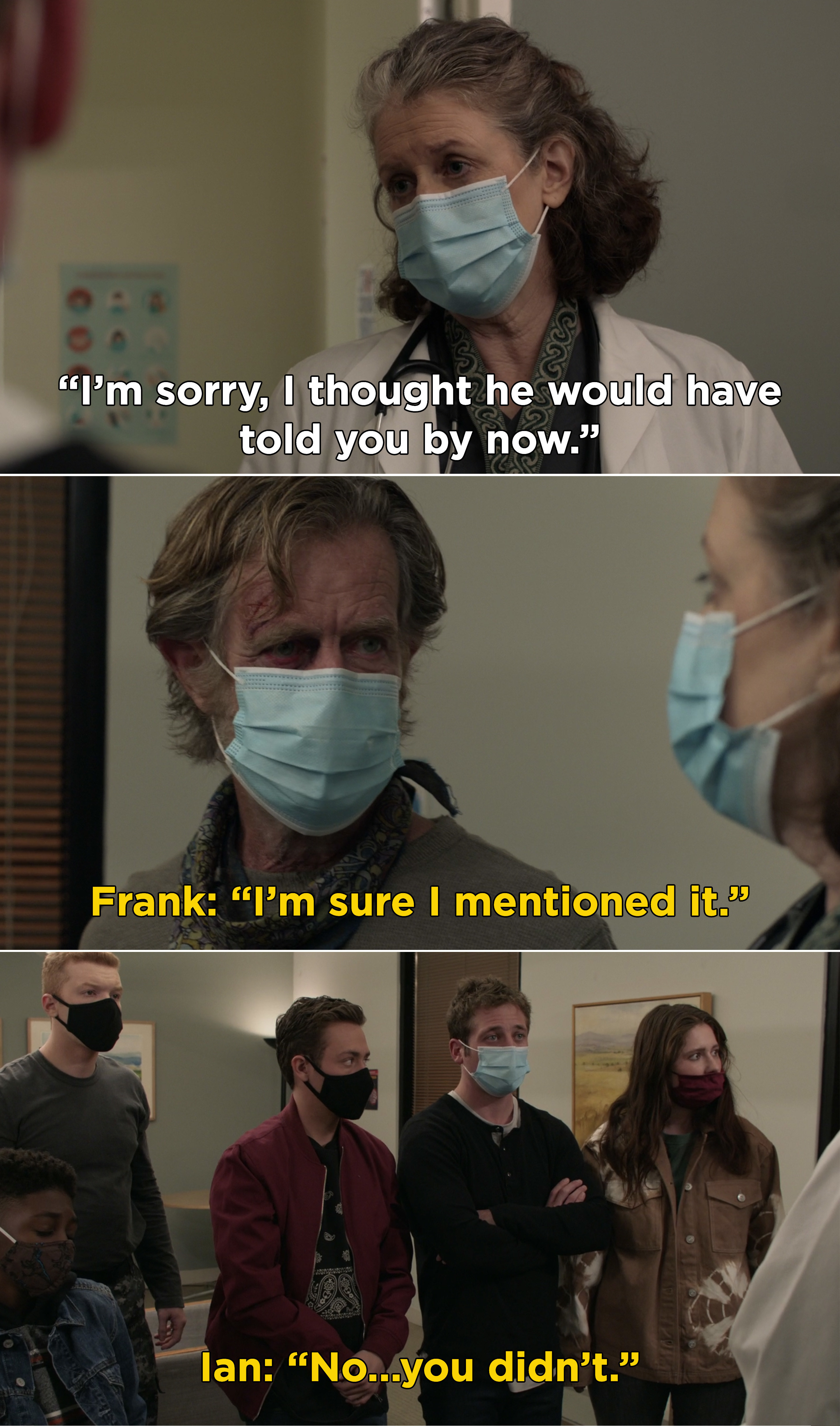 A doctor telling the Gallaghers that Frank has dementia and Frank saying he told them, but he never did