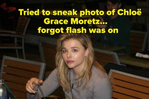 Chloë Grace Moretz eats at a food court and stares into a camera, surprised