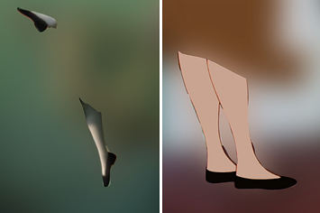 Two pairs of Disney feet with the bodies and outfits blurred out