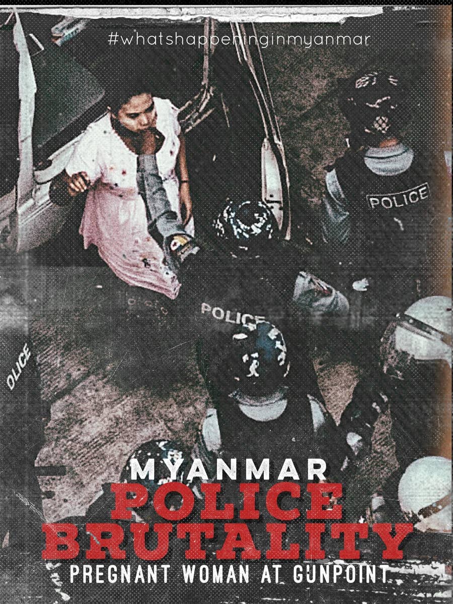 妊婦が銃口を突きつけられている 私の友人を解放して アーティストたちの叫び