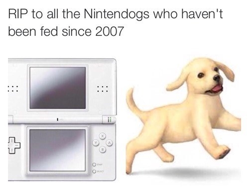 Meme of Nintendo DS and a dog with RIP to all the Nintendogs who haven&#x27;t been fed since 2007 written above it