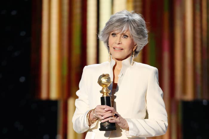 Jane speaks on stage at the Golden Globes