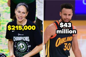 Sue bird with the text $215,000 and stephen curry with the text $43 million