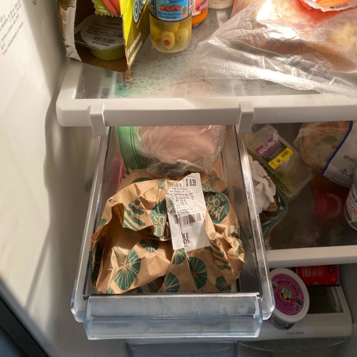 Reviewer photo of open drawer attached to fridge shelf