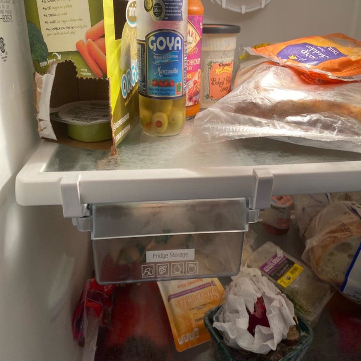 Reviewer photo of drawer attached to fridge shelf