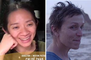 Chloé Zhao smiling after her win and Frances McDormand as Fern from Nomadland