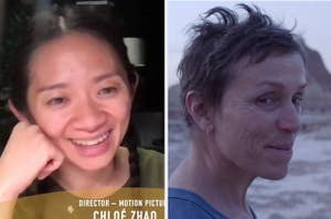 Chloé Zhao smiling after her win and Frances McDormand as Fern from Nomadland