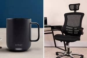 On the left, an Ember mug. On the right, an ergonomic desk chair