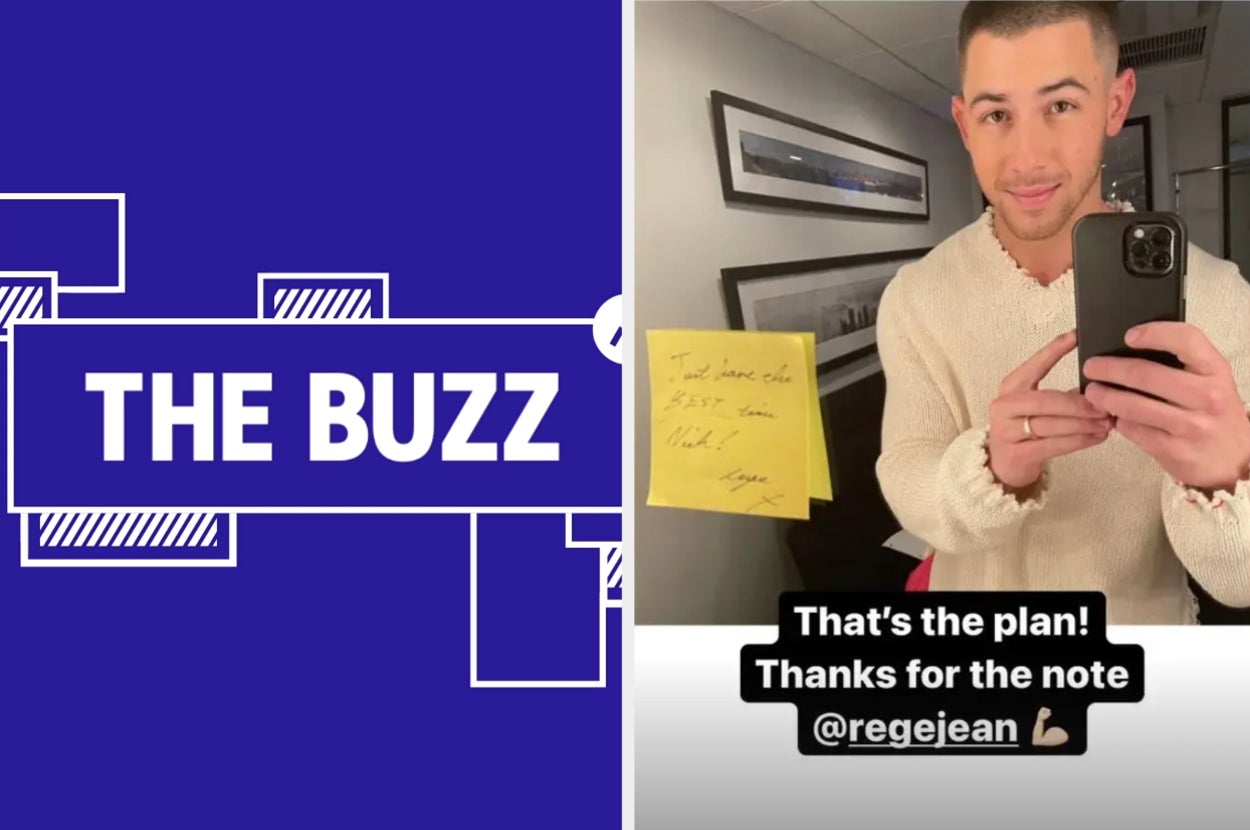 Splitscreen of purple graphic with THE BUZZ in white letters on the left side and a selfie of Nick Jonas right side (CREDIT: Nick Jonas/Instagram