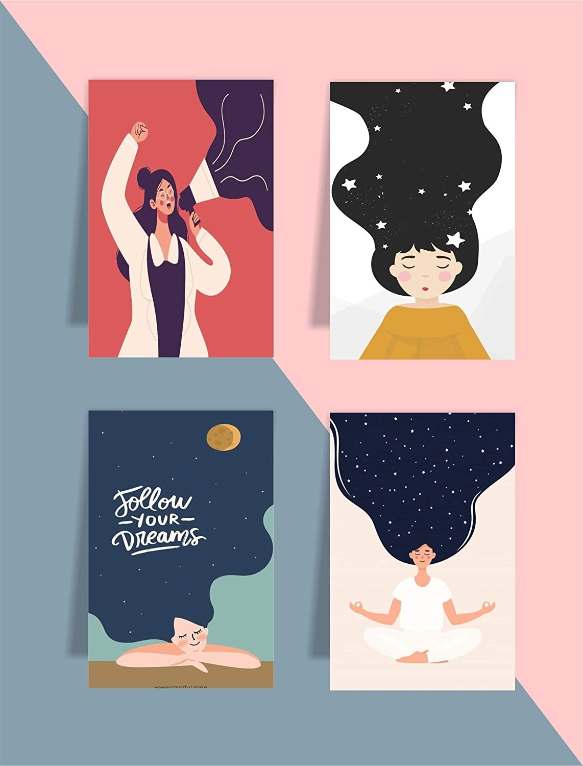 4 booksmarks— illustrations of girl on mic, sleeping and dreaming girl with stars in hair, yoga meditation girl with stars in hair, and happy dreaming girl with stars and 'Follow your dreams' written in hair which is floating above her head like a cloud.