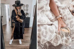 left image: amazon reviewer wearing crossbody bag, right image: barefoot dreams blanket