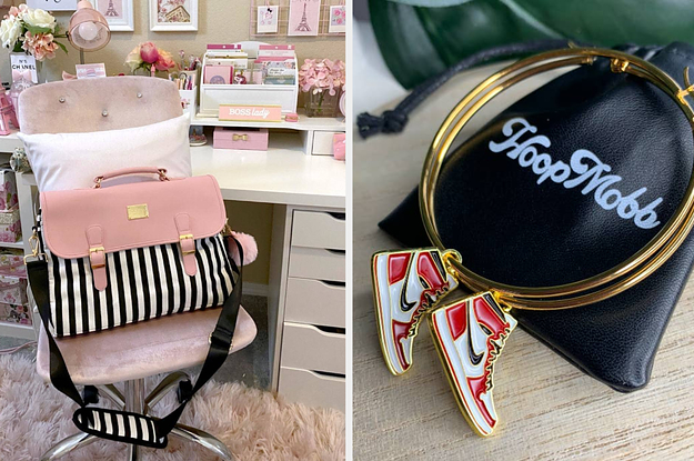 A striped laptop bag and hoop earrings with sneaker-shaped charms