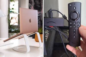 left image: laptop stand, right image: amazon fire stick 