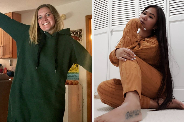On left, reviewer wears big green hoodie dress. On right, reviewer wears mustard yellow crop top and bottom set