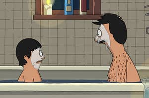 Bob and Gene Belcher sit in a bath tub during a self-care night.