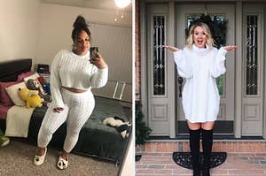 left image: reviewer wearing matching sweater lounge set, right image: reviewer wearing oversized sweater dress