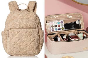 left image: sherpa backpack, right image: cosmetics case 