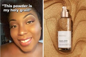 left image: reviewer setting makeup with coty powder with a quote about how it's their holy grail powder, right image: biossance shimmering body oil