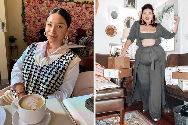 (left) Houndstooth sweater vest (right) Three-piece grey lounge set