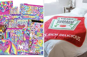 left image: lisa frank stationary set, right image: ketchup blanket 