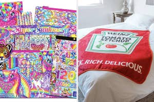 left image: lisa frank stationary set, right image: ketchup blanket 