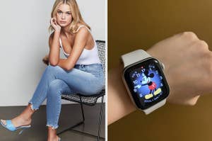 left image: model wears good american jeans, right image: reviewer wearing apple watch