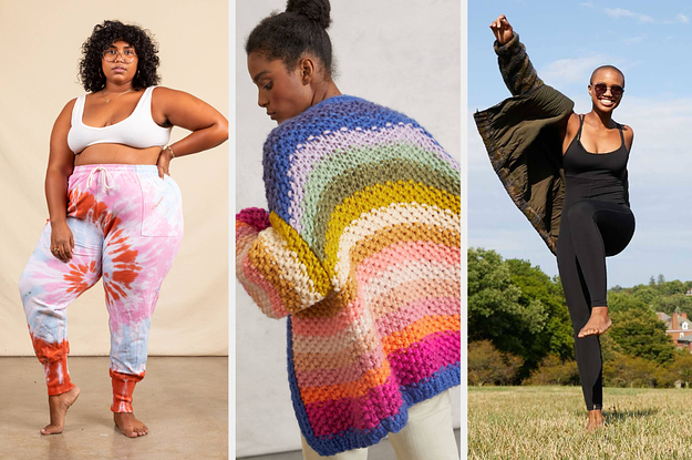 L: Model wearing tie-dye print sweatpants M: Model wearing rainbow colored cardigan R: Model wearing black bodysuit