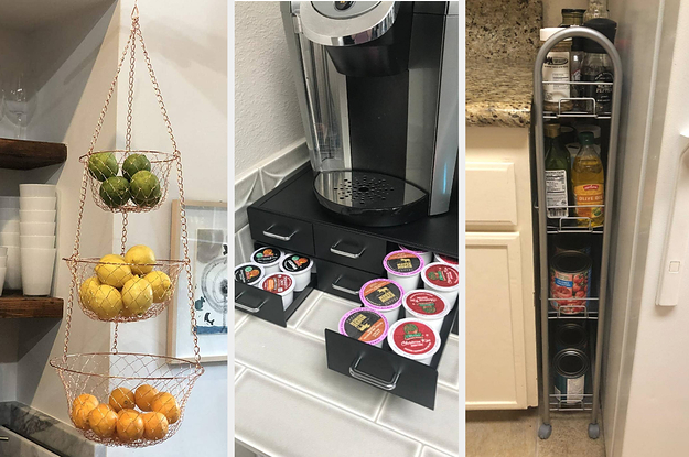 Three panels showing a hanging tiered wire produce basket, a drawer set filled with K-cups, and a slim tiered cart wedged between a fridge and a counter