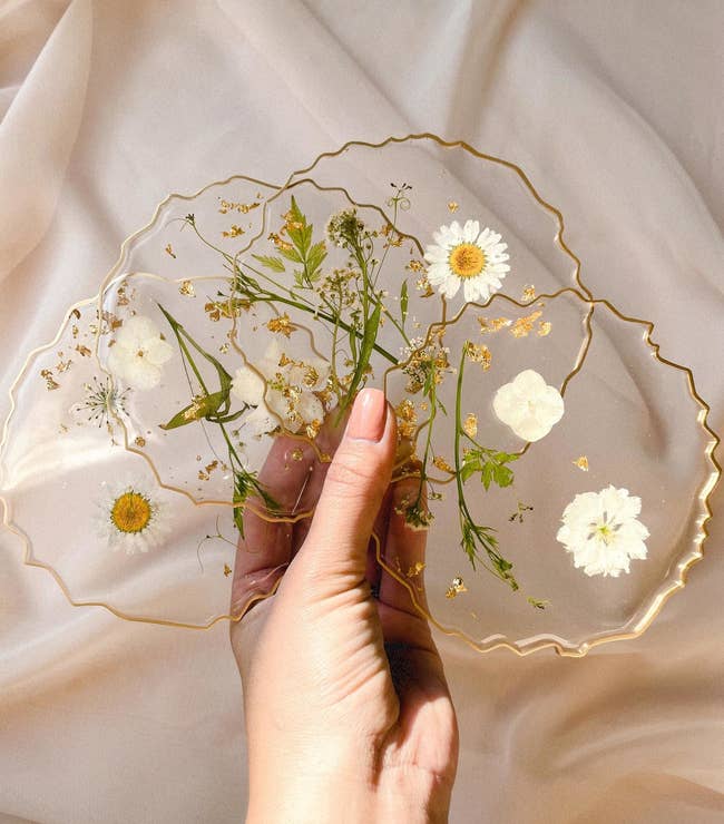Set of transparent coasters with uneven edged gold rim and white pressed flowers inside 