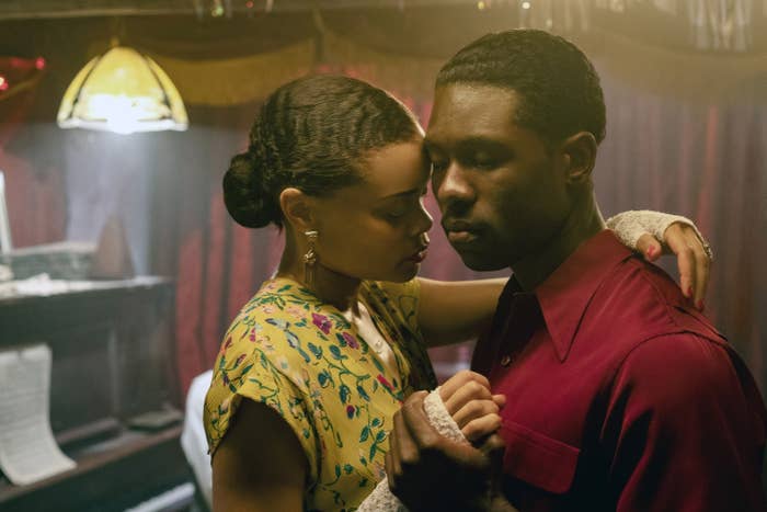 Andra Day and Trevante Rhodes slow dancing in a club in The United Staes Vs. Billie Holiday