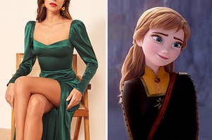 A green, silk, long-sleeve dress on the left and Anna from frozen on the right