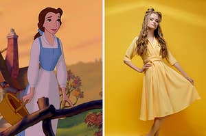 Belle next to a woman in a yellow dress