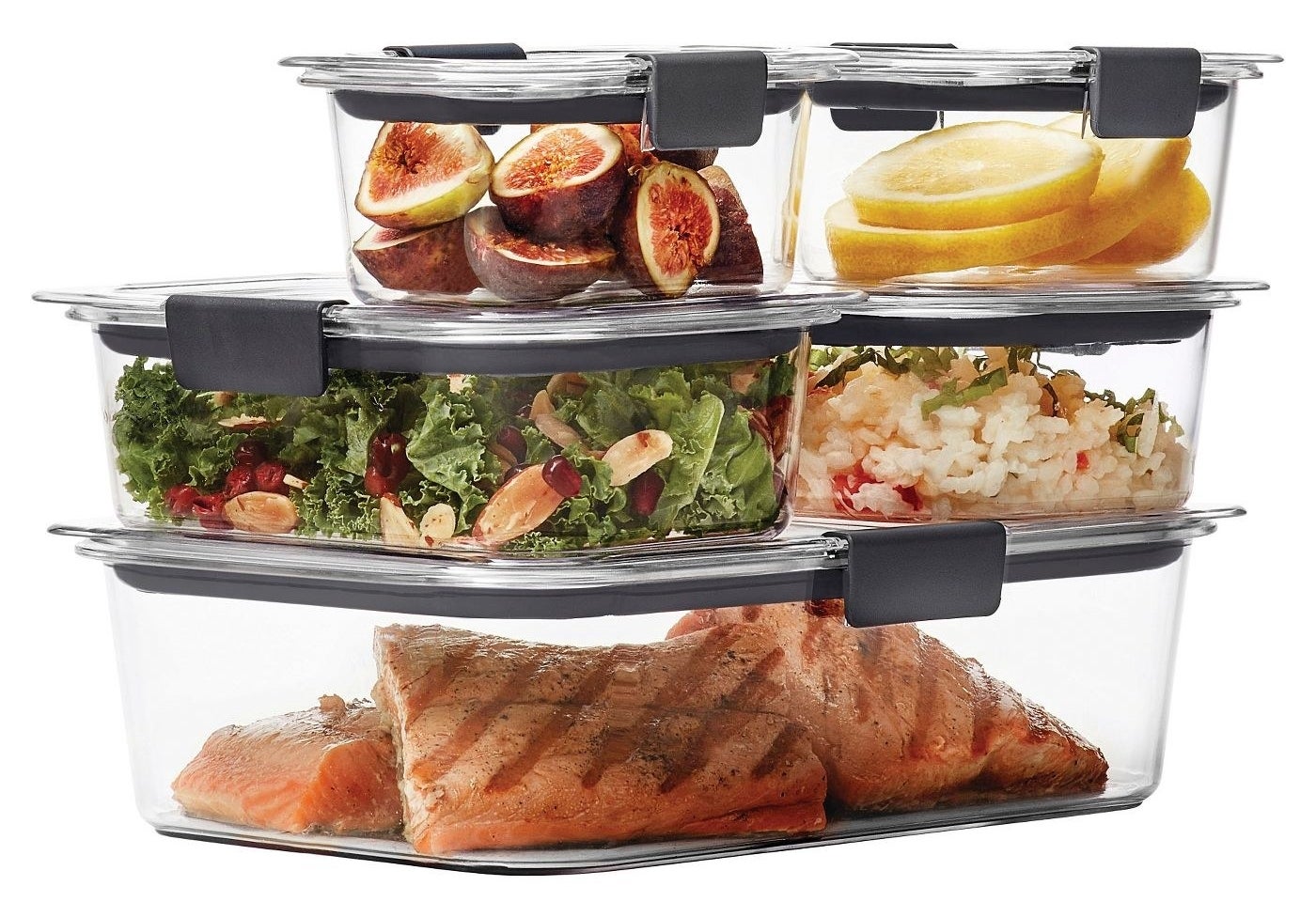 A 10-piece set of dishware with food in it 