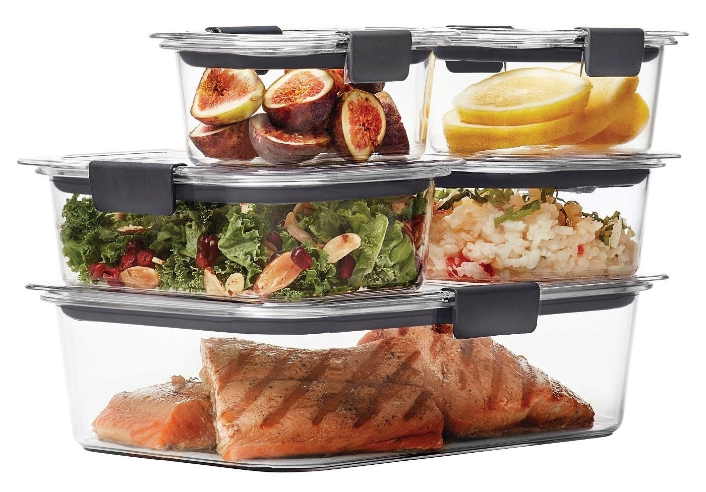 A 10-piece set of dishware with food in it