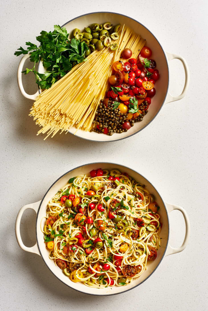 A before and after shot of one-pot puttanesca pasta.