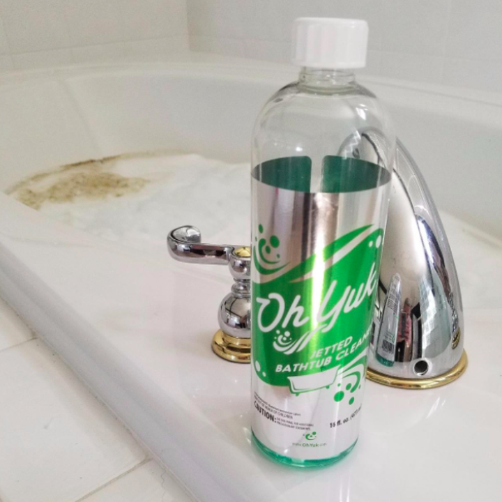 A bottle of Oh Yuk Jetted Tub Cleaner