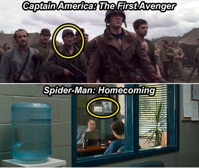 Jim Morita alongside Captain America in The First Avenger and a portrait of Jim in Principal Morita&#x27;s office in Homecoming