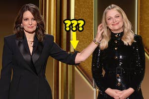 Tina Fey with a freakishly long arm reaching out to touch Amy Poehler while they host the Gold Globes from opposite coasts